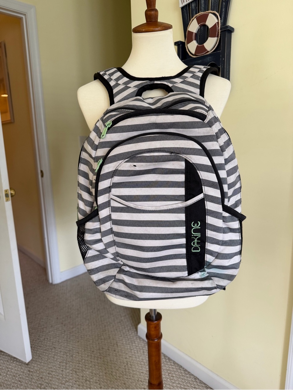Dakine Gray and White Striped Backpack with Black Accents